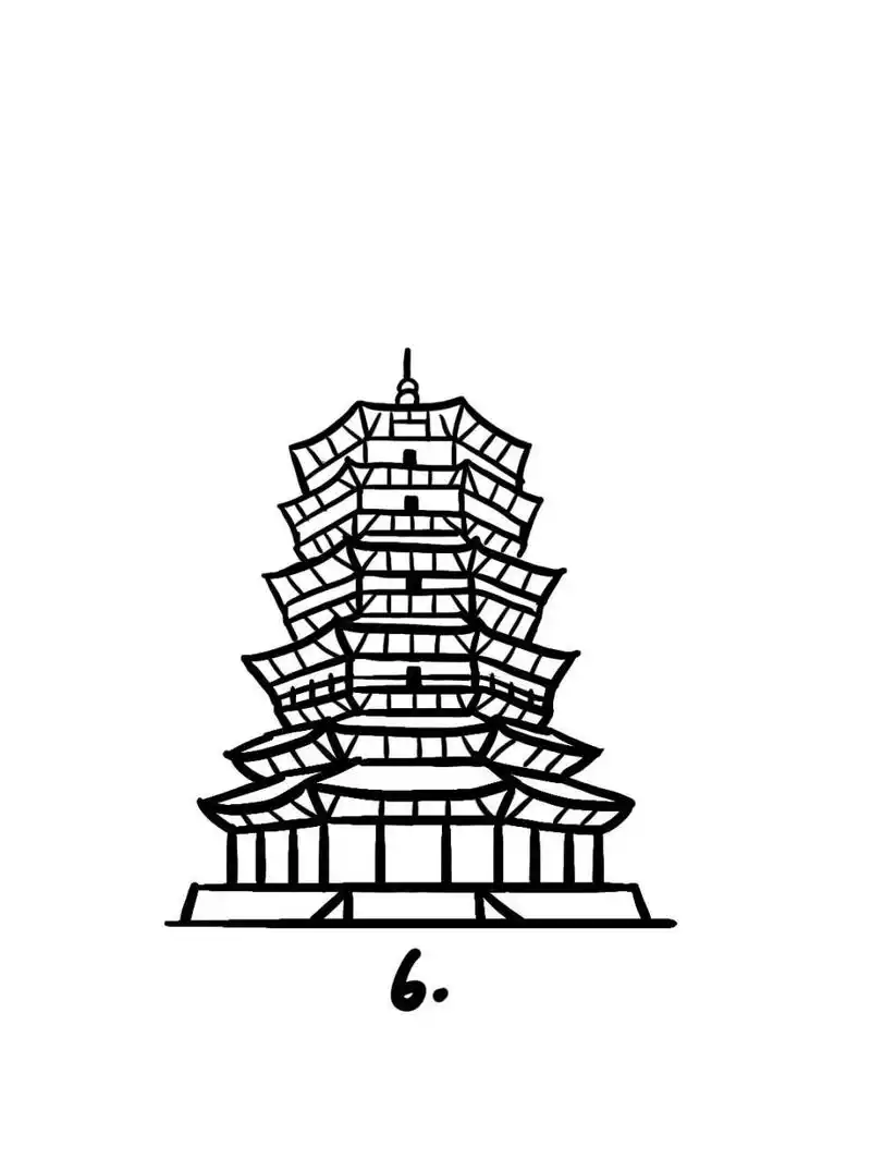 地标建筑简笔画教程37 地标建筑34-应县木塔,全称为释迦塔,位于山西