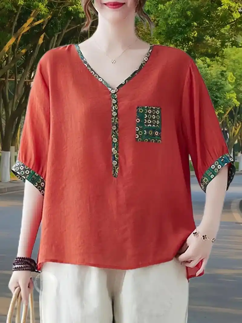 高级感棉麻中老年妈妈短袖t恤