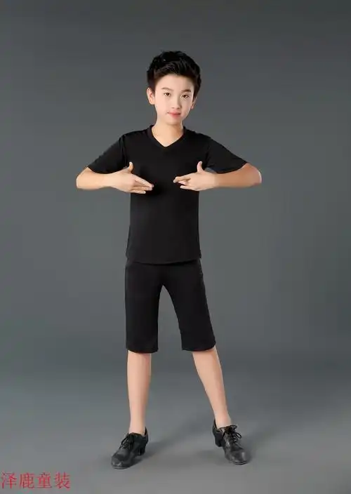 小憨鹿男童男孩拉丁舞服装少儿儿童男生舞蹈套装夏季短袖形体训练练功