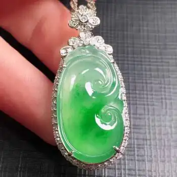 逸之璟 缅甸老坑a货翡翠冰种阳绿万事如意18k金镶嵌翡翠吊坠女