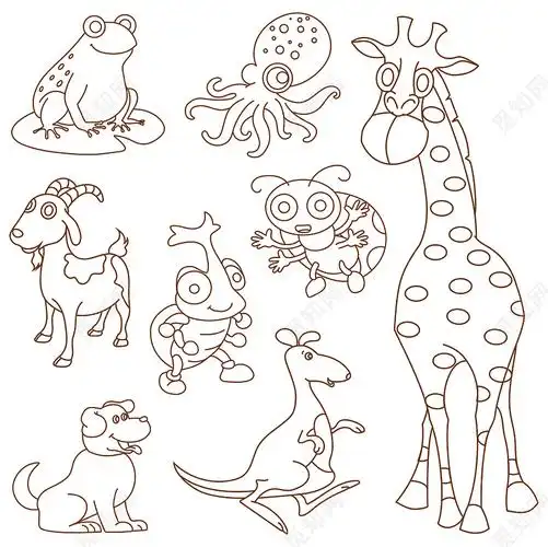 手绘卡通线性动物青蛙长颈鹿章鱼山羊甲壳虫甲虫小狗袋鼠png素