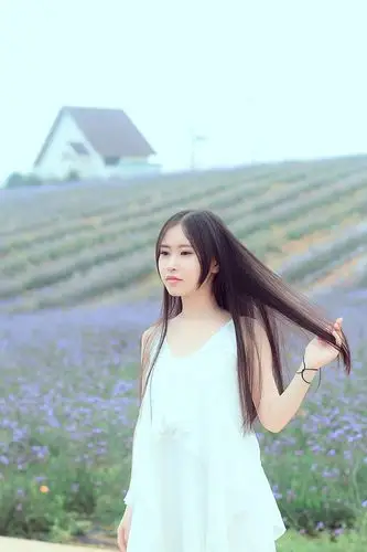 纯白纱裙包子脸美女薰衣草田唯美写真