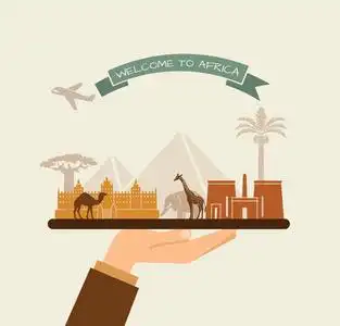 欢迎在埃及欢迎来到非洲.在托盘上的非洲景点照片