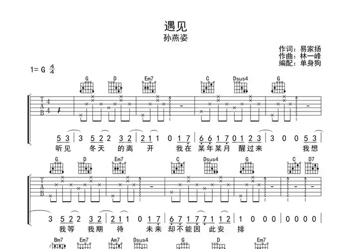 遇见吉他谱_孙燕姿_g调弹唱六线谱_单身狗上传