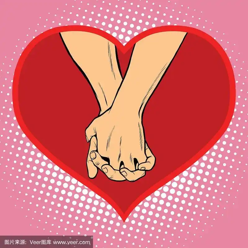 男性和女性手牵手在一起,红色的心象征着爱情