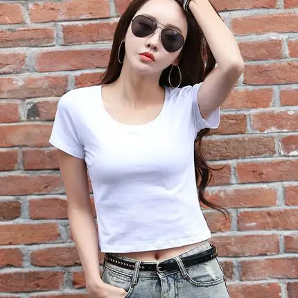 露脐上衣白色短款t恤女短袖紧身韩版纯色修身高腰漏肚脐圆领纯棉,可