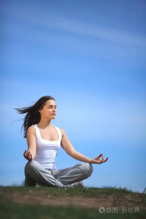 阳光明媚的草地上年轻漂亮的女孩儿培训瑜伽照片-正版商用图片04dnpe