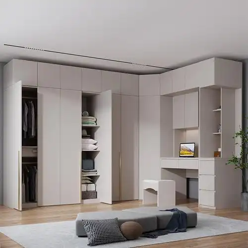 l型转角衣柜现代简约家用卧室柜子极简风梳妆台电脑桌一体大衣橱