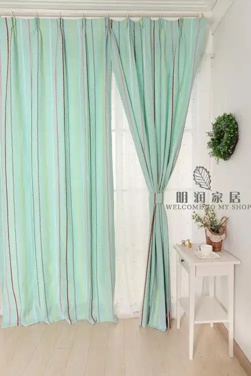 明润加厚纯棉贴布绣彩条—清新的湖水绿定做窗帘布艺(多色)