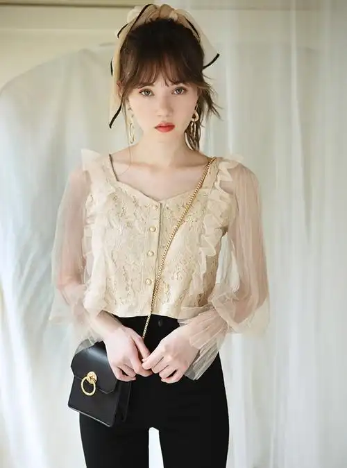 外贸日单grl衬衫女春季新款日系甜美超仙薄纱背面交叉短款衬衣