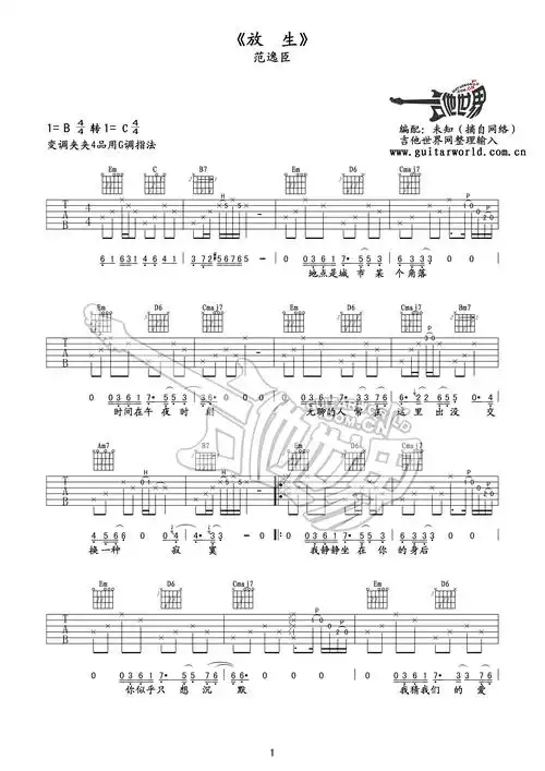 范逸臣放生吉他谱g调