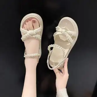 茶小阿凉鞋女夏季平底外穿凉鞋女2023年新款夏季时尚一字式扣带拖鞋女