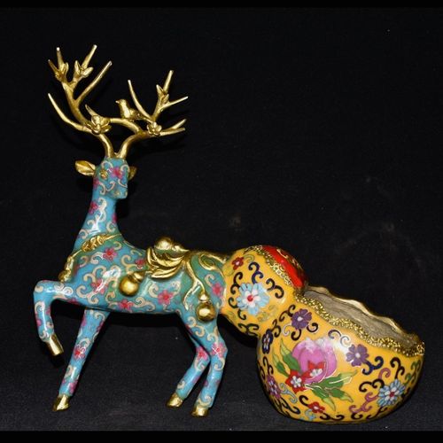 人艺巷全铜景泰蓝梅花鹿葫芦笔洗家居玄关装饰工艺品摆件生财有鹿财鹿