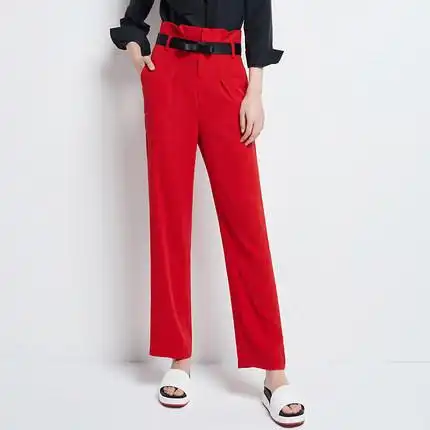 月亮人2017夏季新款红色微喇叭裤女九分高腰显瘦直筒阔腿休闲女裤
