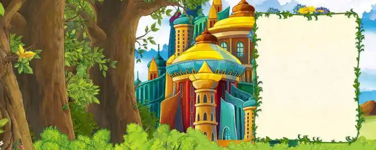 卡通场景与王国城堡和山谷和熊站立插图为儿童森林附近山谷的卡通场景