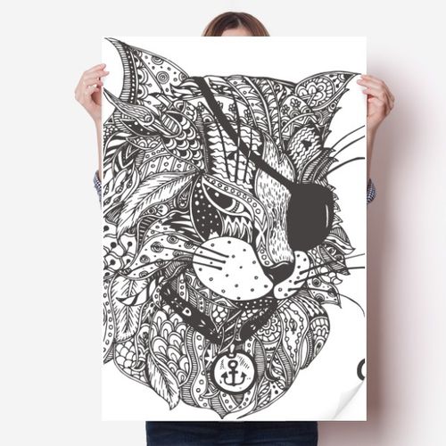 猫咪人类绘画一只眼睛海报贴纸80x55cm墙贴纸卧室家居装饰