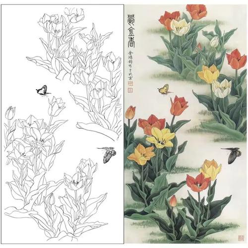 工笔画国画竖幅郁金香白描底稿初学者实物临摹透稿勾线打印稿720