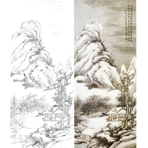 工笔画白描底稿高清竖幅雪景山水实物打印线稿临摹勾线练习打印稿