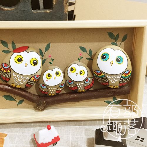 原创石头画成品情侣礼物猫头鹰桌面摆件纯手工绘画书房酒柜园艺