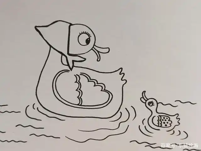 儿童绘画线描:鸭妈妈带小鸭子学游泳