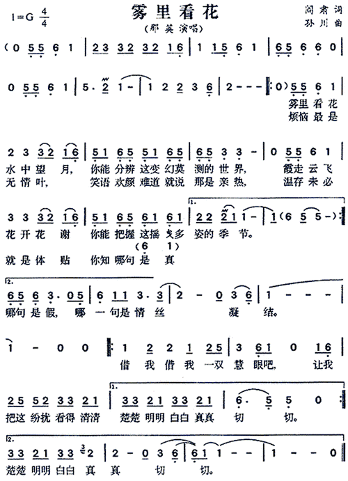 雾里看花 那英 歌谱 简谱
