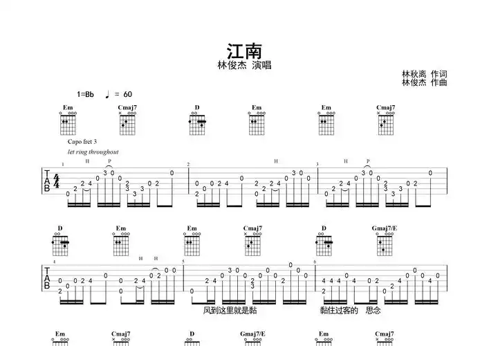 江南吉他谱(图片谱,简单版,改编版,独奏)_林俊杰(jj)