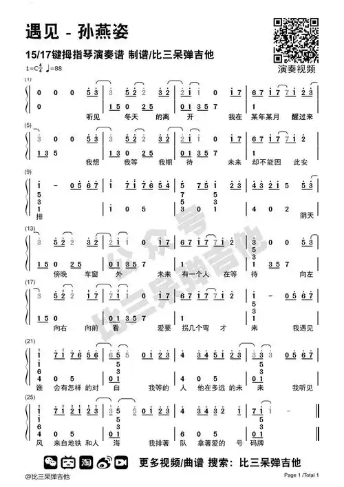 遇见孙燕姿卡林巴琴拇指琴简谱