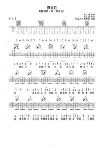 喜欢你-希林娜依·高(c调简单版)c调六线吉他谱-虫虫吉他谱免费下载