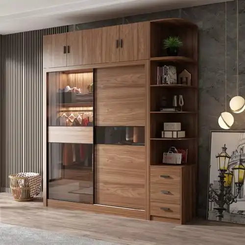 家用新中式推拉门衣柜卧室储物移滑门大衣橱整体趟门柜子胡桃木色