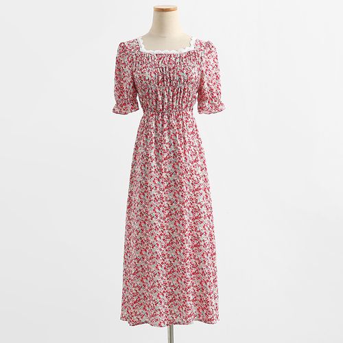 2021年夏季新款女装韩版小碎花蕾丝边方领雪纺连衣裙法式复古长裙