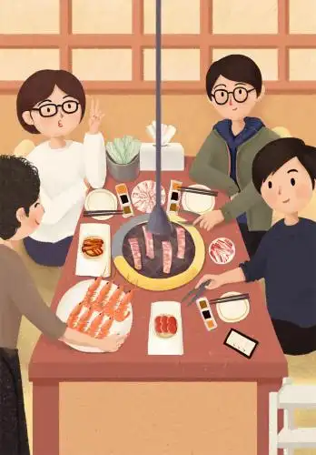 周末好友吃烤肉插画