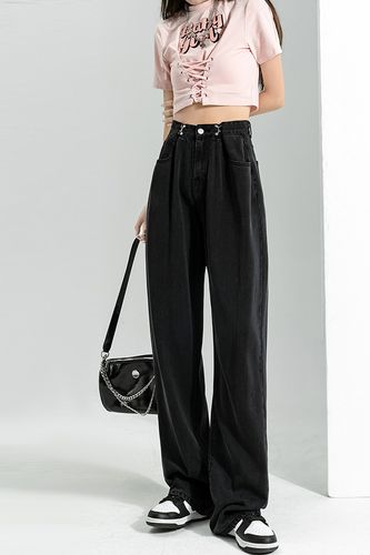 高腰阔腿加绒牛仔裤女大码冬季新款胖mm梨形身材显瘦宽松直筒裤