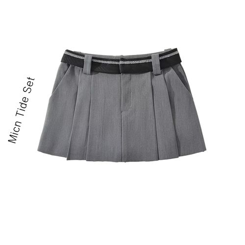 设计感毛边显瘦灰色百褶裙女a字短裙显瘦撞色高腰辣妹西装半身裙