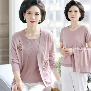 中年妈妈装新款小衫夏装套装中老年女装短袖洋气针织衫上衣薄长袖