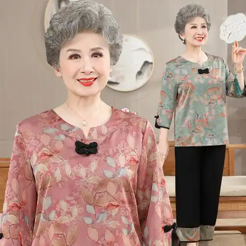 奶奶夏装套装新款中老年女装时尚短袖两件套60岁老年人仿真丝上衣