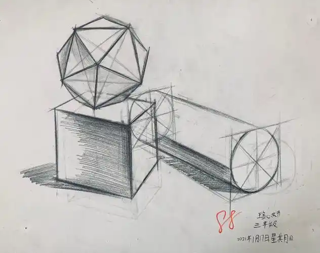 三年级 王鈊妍 圆柱体近大远小的透视画的不错,正二十面体的投影要画