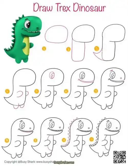 draw trex dinosaur 一步一步学习画恐龙简笔画-红豆饭小学生简笔画