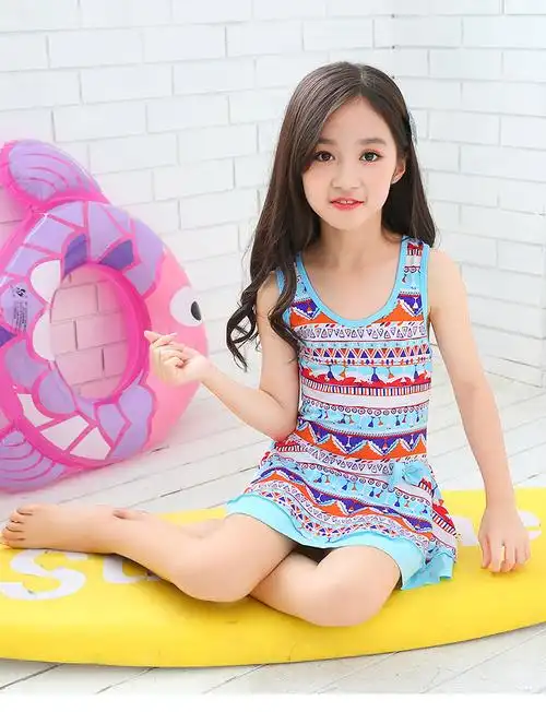 七色王国儿童泳衣 女孩 公主裙式学生可爱宝宝小中大童连体游泳衣女童