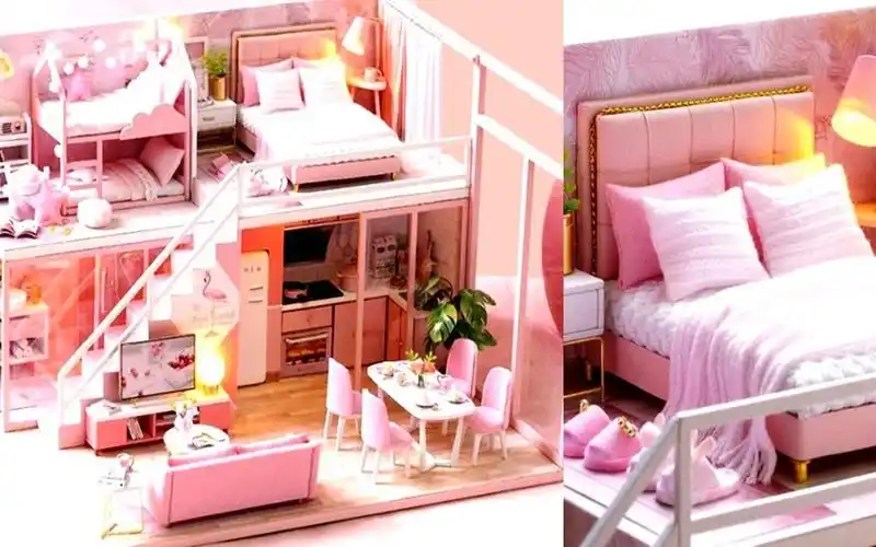 送给孩子的礼物,5间diy迷你粉色玩具屋房间,芭比娃娃