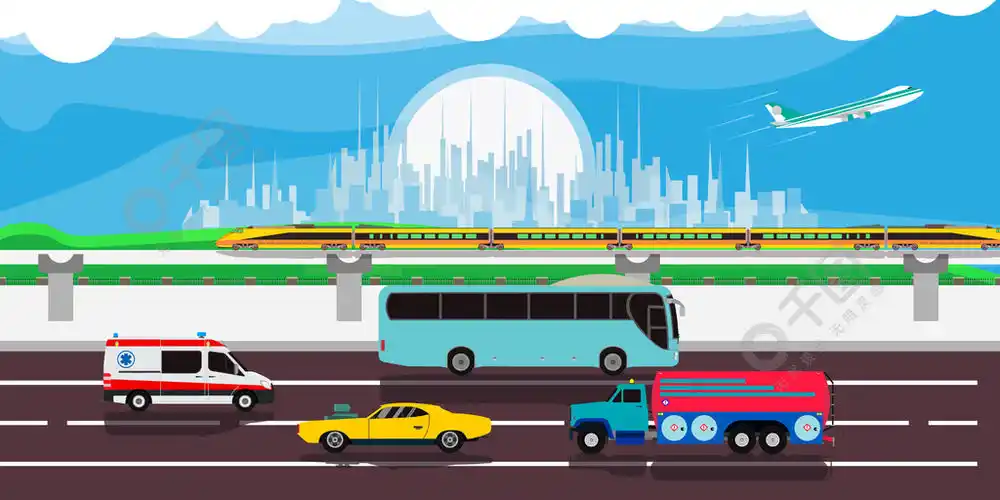 城市景观交通城市插图矢量背景现代街车市中心天际线景观卡通平面场景