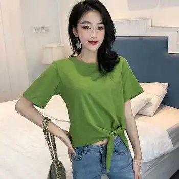 牛油果绿短袖t恤女新款宽松打结t恤女韩版短款露脐心机上衣夏sn8099