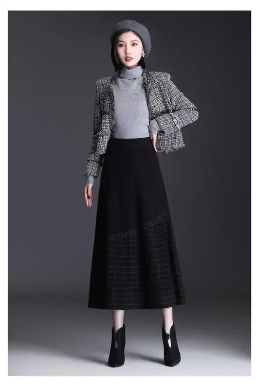 秋冬新款高腰中长款a字裙加厚显瘦大摆裙长裙女装秋冬灰色格子s8090斤