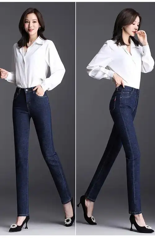 皮尔卡丹黑色直筒牛仔裤女2022秋新款高腰宽松弹力女士中年妈妈长裤