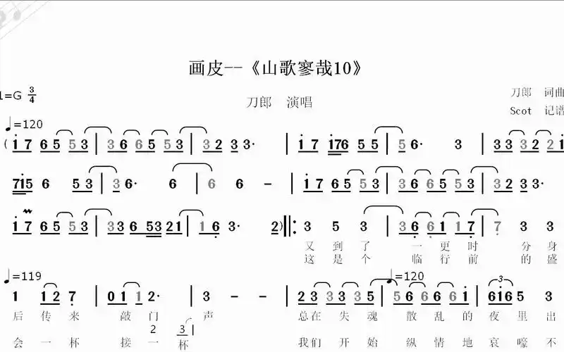 画皮--刀郎新专辑《山歌寥哉》第10首--动态简谱