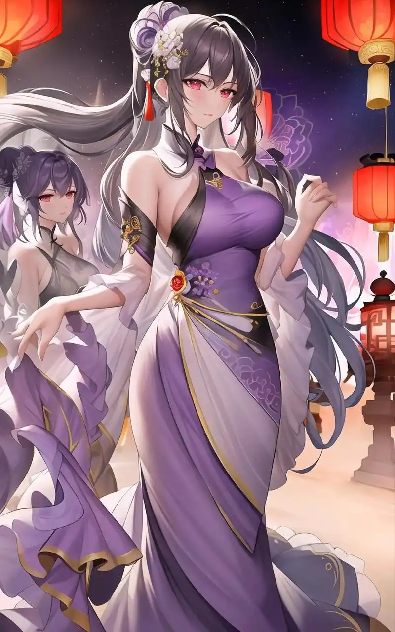 锦袍雅致身段娇,玉面如花尽妖娆!二次元紫色旗袍美女!#抖音图 - 抖音