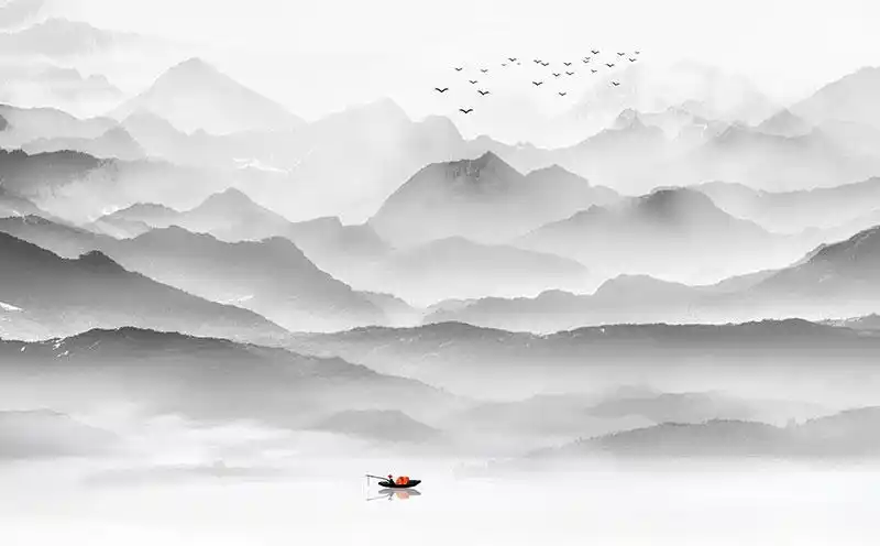 xt90633中式山水渔船水墨山水飞鸟淡雅山峦