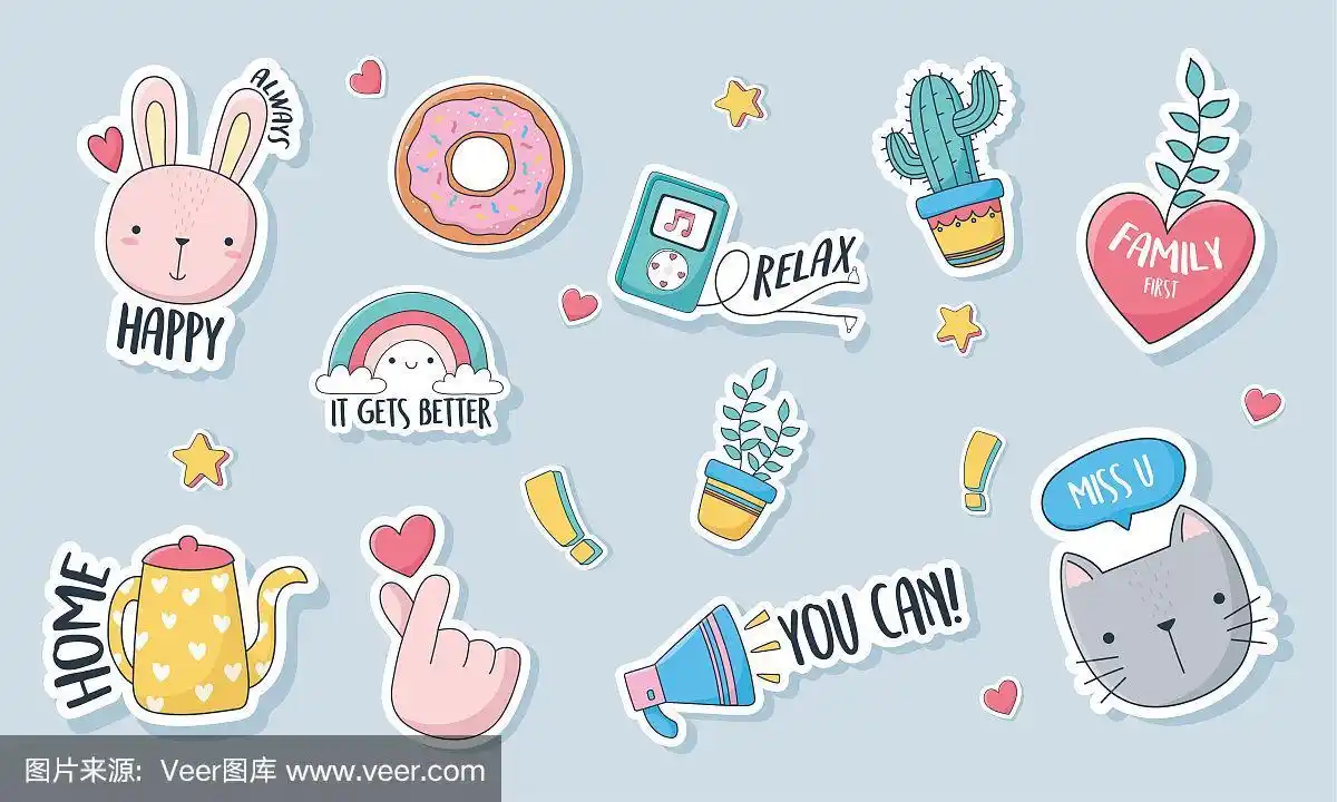 可爱的东西为卡片贴纸或补丁装饰卡通集图标