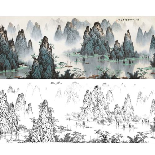 工笔画白描底稿白雪石高清横幅山水大幅实物打印线稿临摹勾线y504