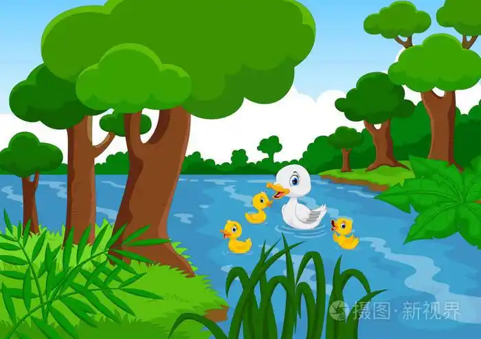 鸭子妈妈和她的三只可爱的小鸭子在湖里游泳.