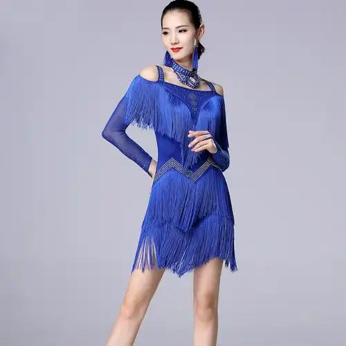拉丁舞裙女成人2021新款专业比赛表演出服装长袖流苏连衣裙